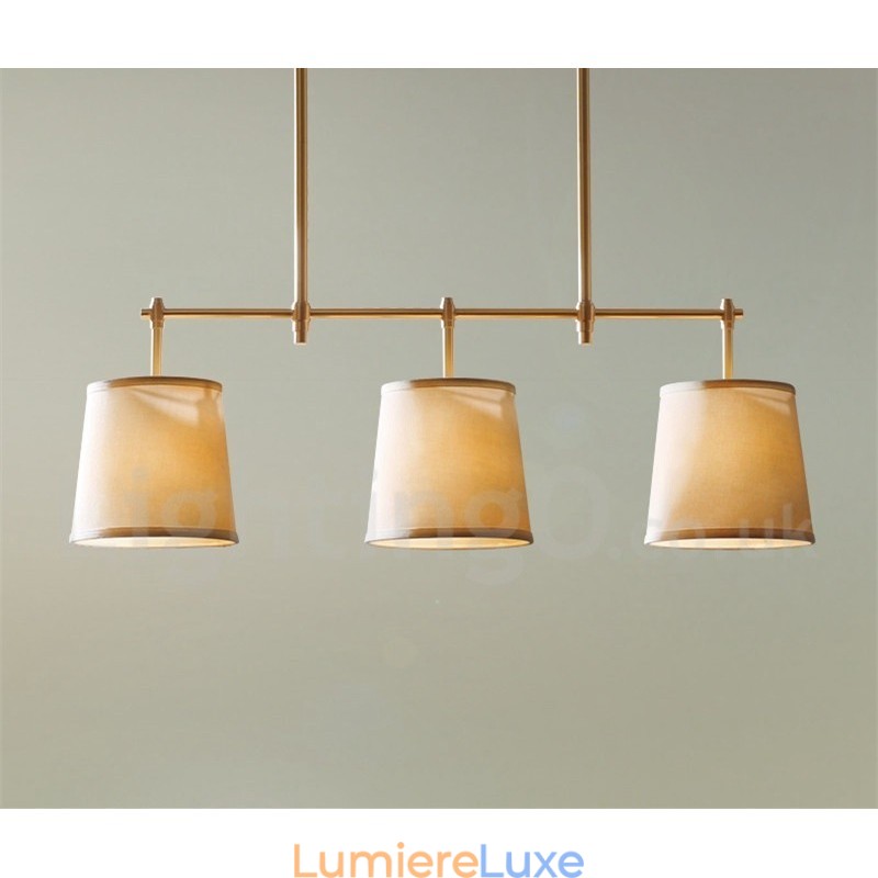 Lustre rétro à 3 lumières en cuivre avec abat-jour en tissu