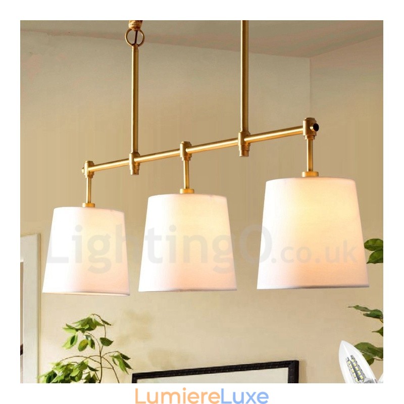 Lustre rétro à 3 lumières en cuivre avec abat-jour en tissu