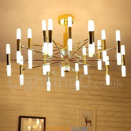 Lustre contemporain moderne à 40 lumières, doré, à 2 niveaux Lustre contemporain moderne à 40 lumières, doré, à 2 niveaux