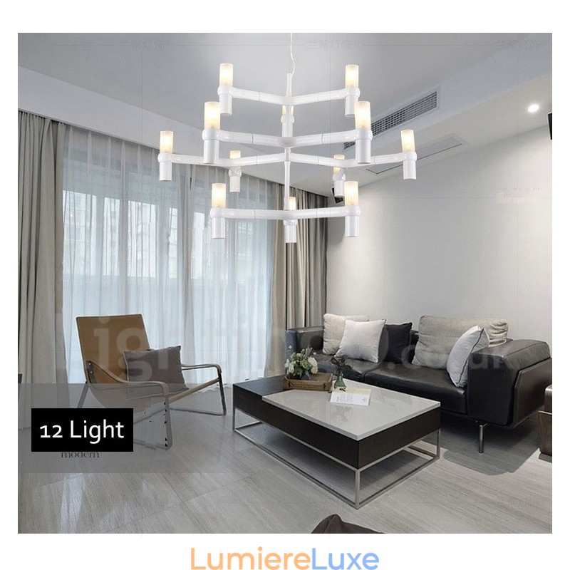 Lustre contemporain moderne à 12 lumières et 3 niveaux