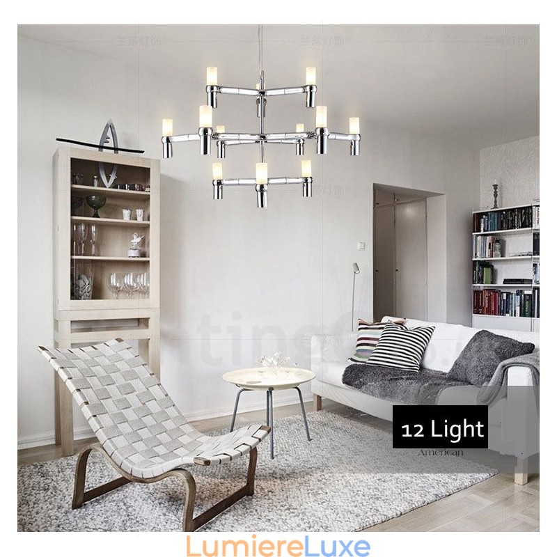 Lustre contemporain moderne à 12 lumières et 3 niveaux