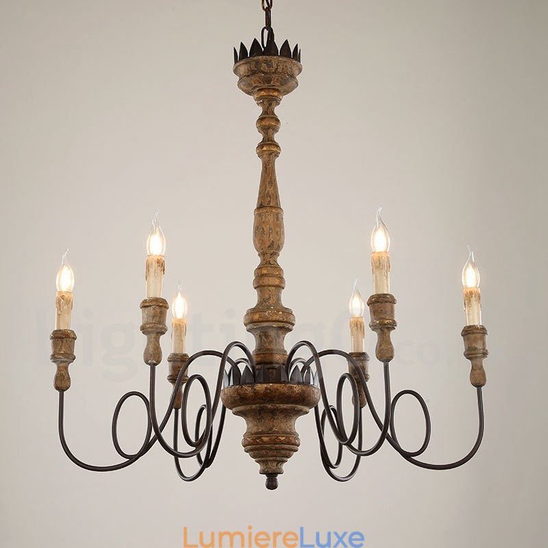 Lustre vintage en bois à 6 lumières
