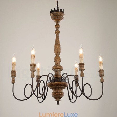 Lustre vintage en bois à 6 lumières Lustre vintage en bois à 6 lumières