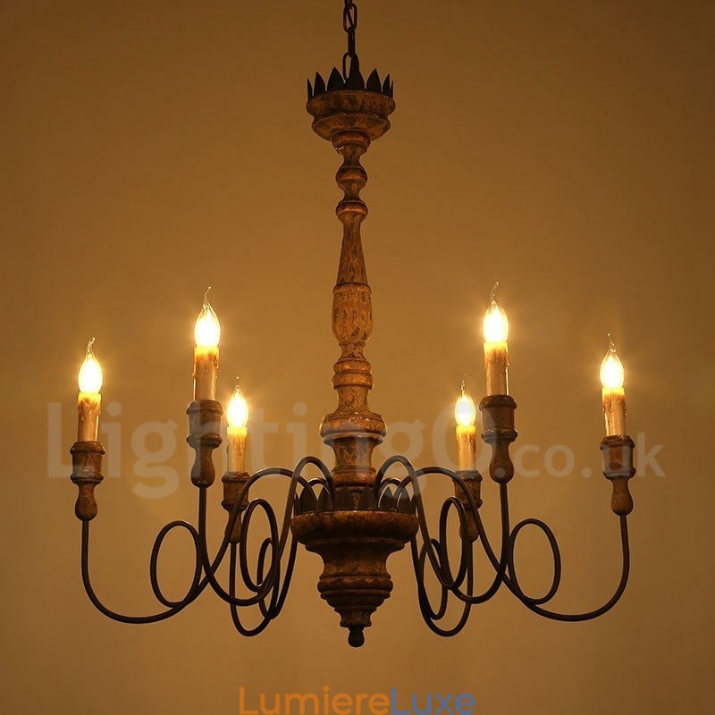 Lustre vintage en bois à 6 lumières