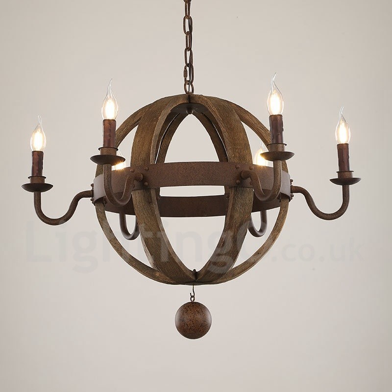 Lustre vintage en bois à 6 lumières