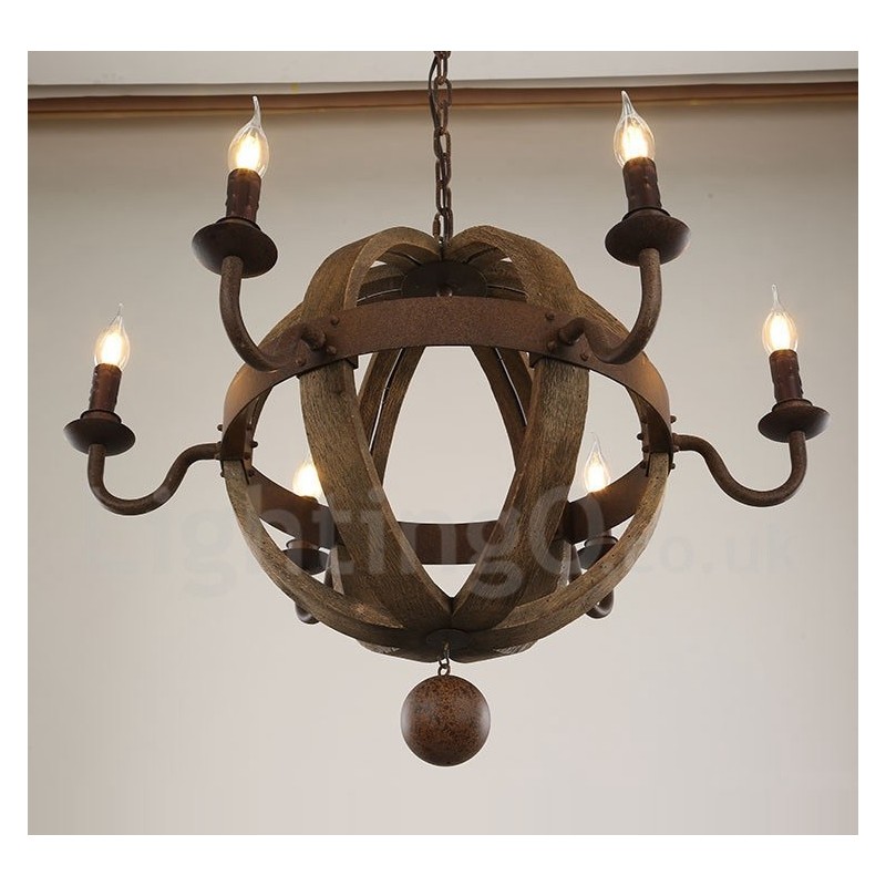 Lustre vintage en bois à 6 lumières
