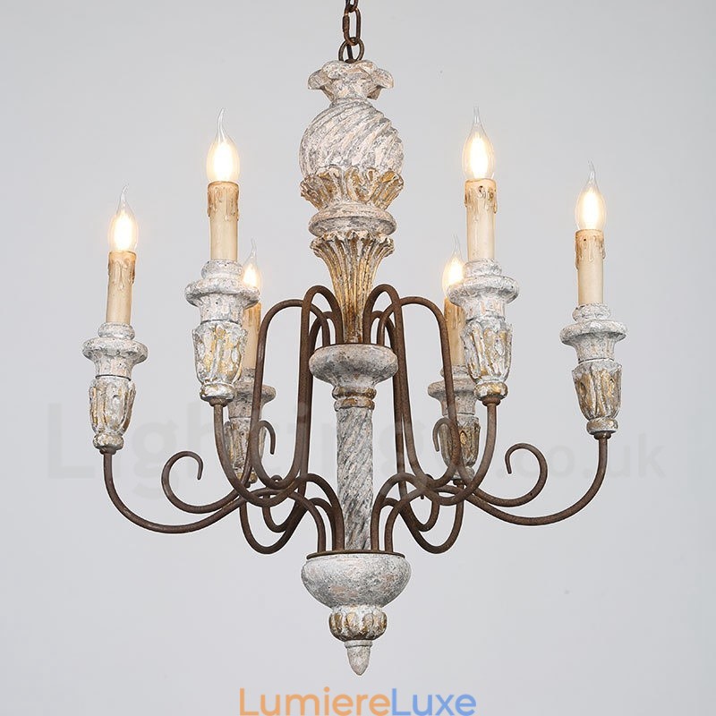 Lustre rustique vintage en bois à 6 lumières, à un seul niveau, pour la lumière