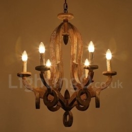 Lustre vintage en bois clair à 6 lumières, à un seul niveau