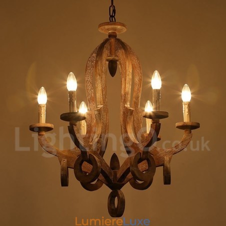 Lustre vintage en bois clair à 6 lumières, à un seul niveau Lustre vintage en bois clair à 6 lumières, à un seul niveau