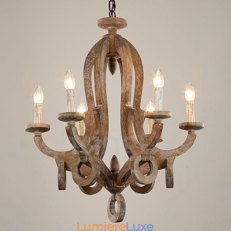 Lustre vintage en bois clair à 6 lumières, à un seul niveau