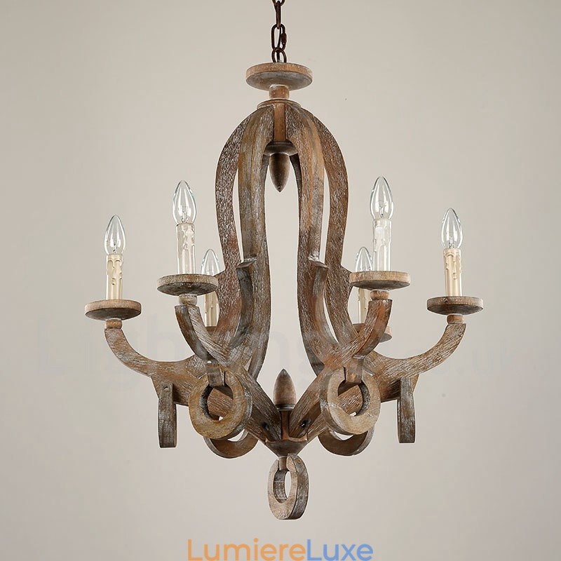 Lustre vintage en bois clair à 6 lumières, à un seul niveau
