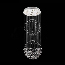 Lustre suspendu moderne en cristal à 5 lumières, design argenté, globe en cristal transparent