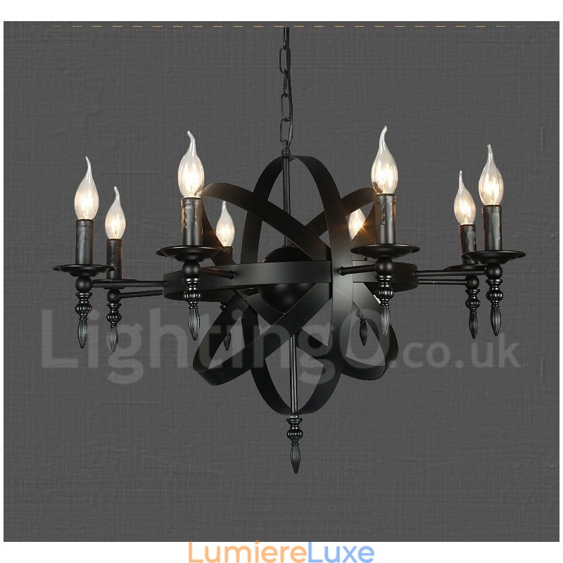 Lustre noir rétro vintage en métal à 8 lumières à un seul niveau