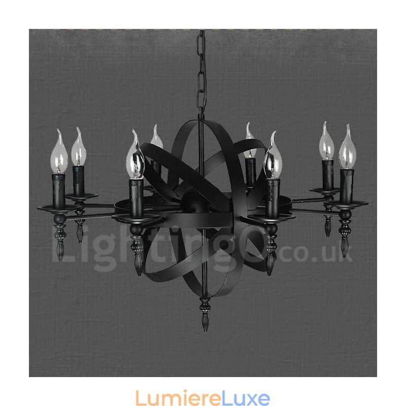 Lustre noir rétro vintage en métal à 8 lumières à un seul niveau