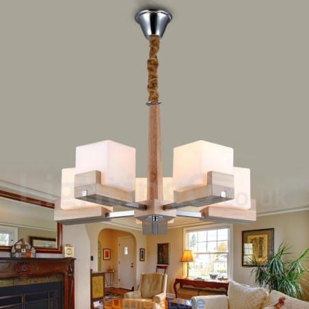 Lustre contemporain moderne en bois à 5 lumières à un seul niveau Lustre contemporain moderne en bois à 5 lumières à un seul niveau