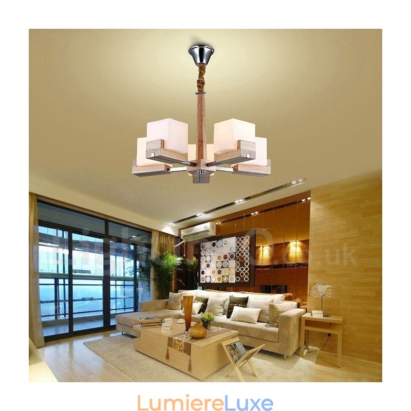 Lustre contemporain moderne en bois à 5 lumières à un seul niveau