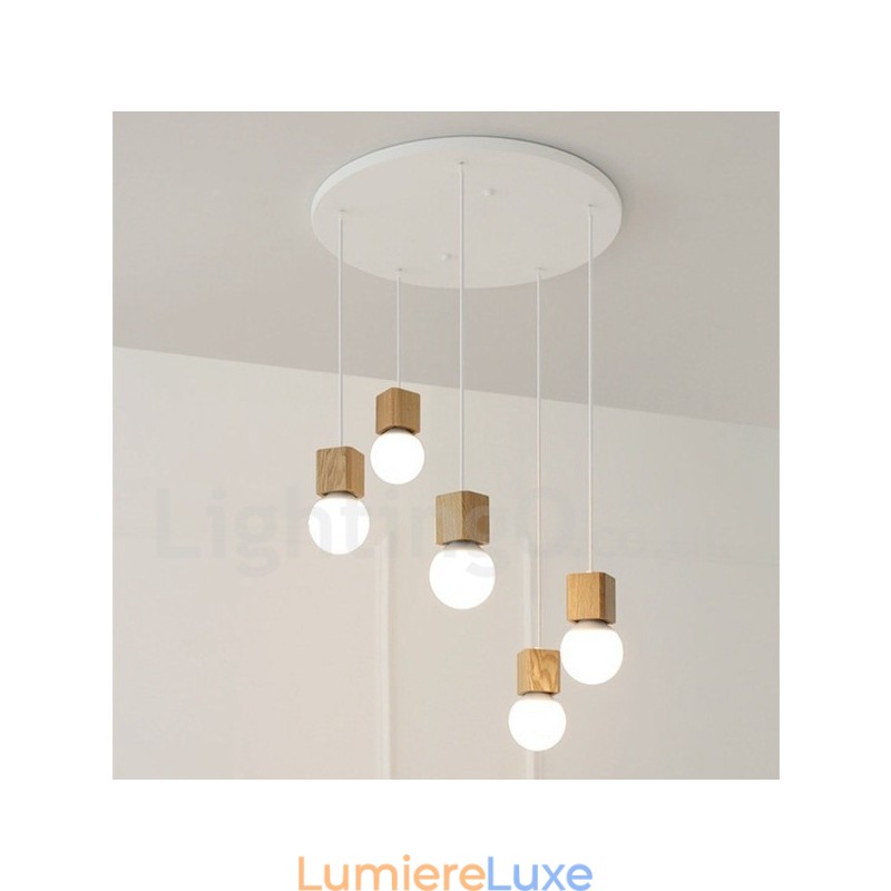 Suspension rustique en bois à 5 lumières