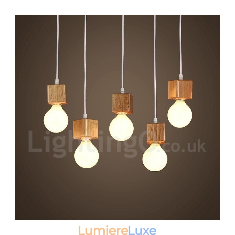 Suspension rustique en bois à 5 lumières