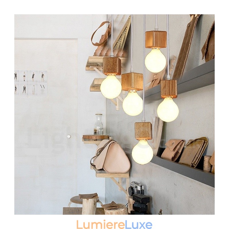 Suspension rustique en bois à 5 lumières
