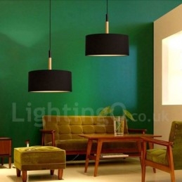 Suspension tambour en bois moderne et contemporaine avec abat-jour en tissu