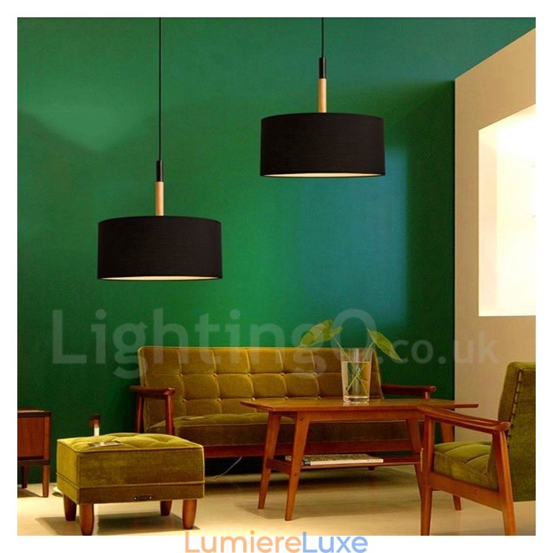 Suspension tambour en bois moderne et contemporaine avec abat-jour en tissu