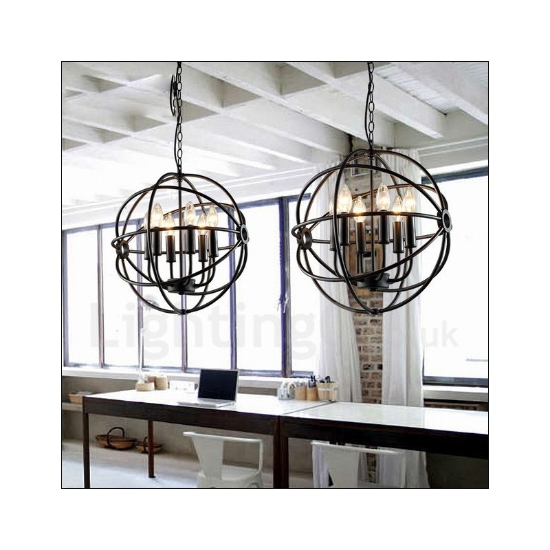 Suspension vintage en métal à 6 ampoules avec globe