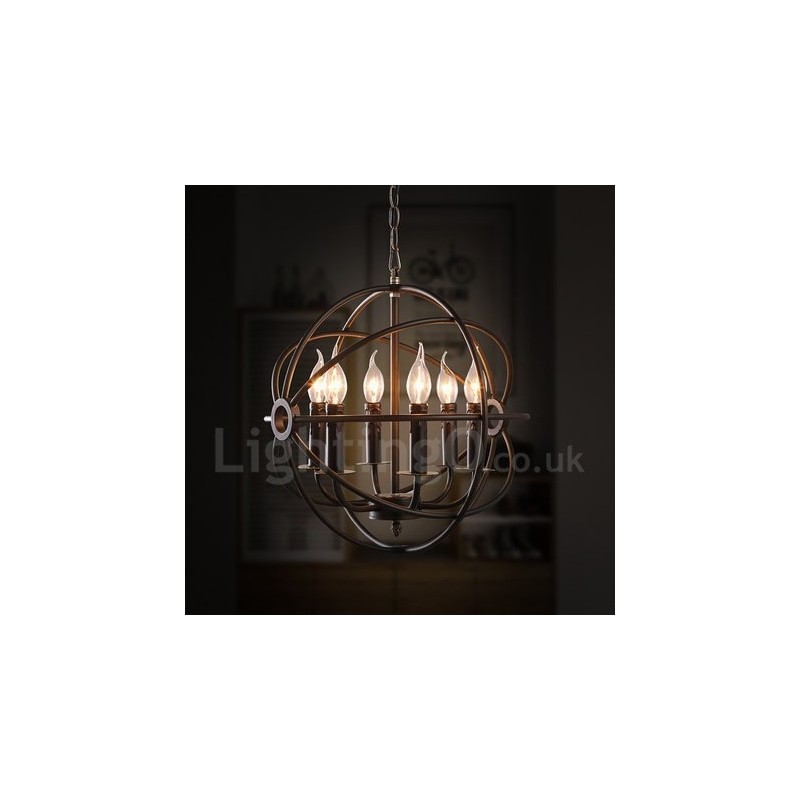 Suspension vintage en métal à 6 ampoules avec globe