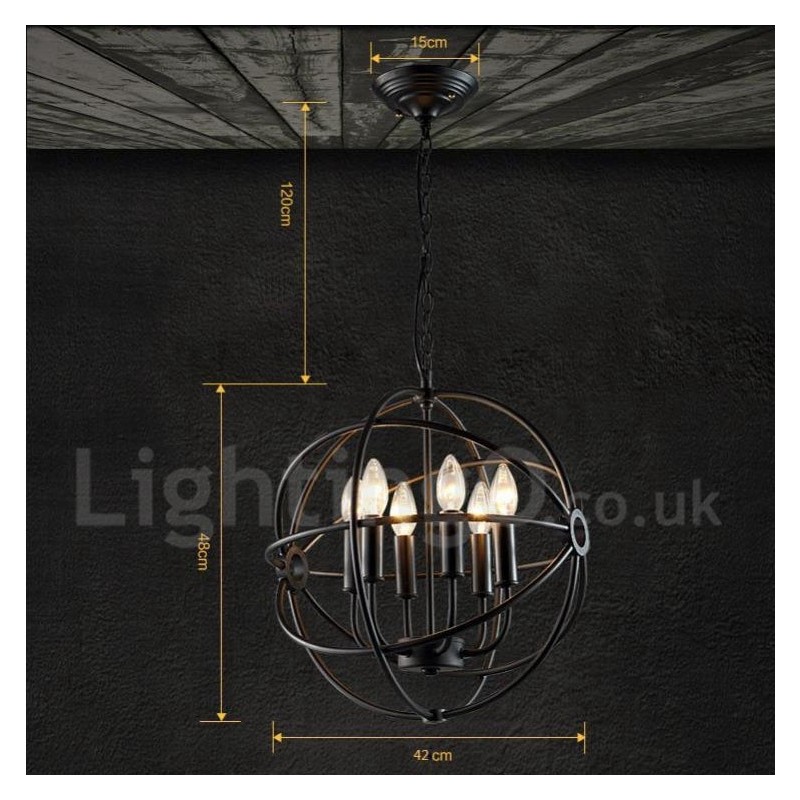 Suspension vintage en métal à 6 ampoules avec globe