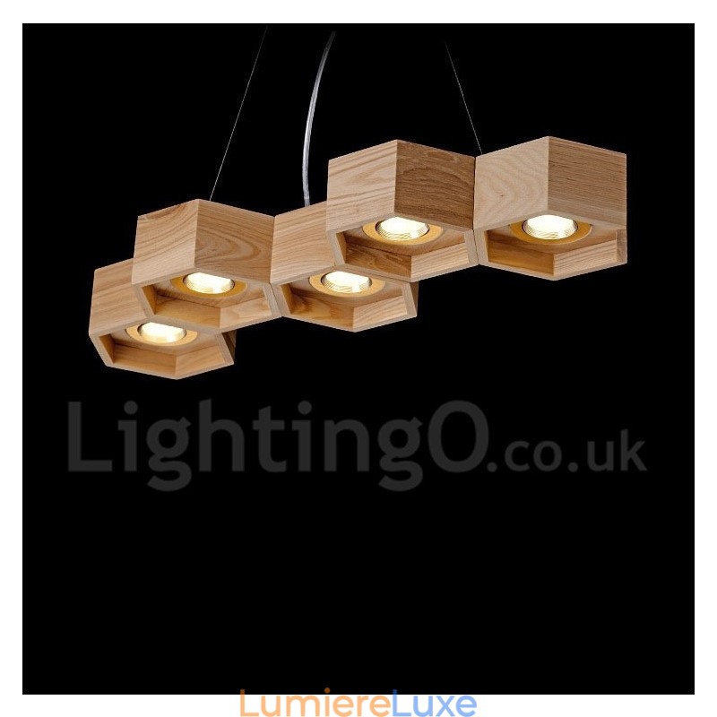 Suspension contemporaine moderne en bois à 5 lumières
