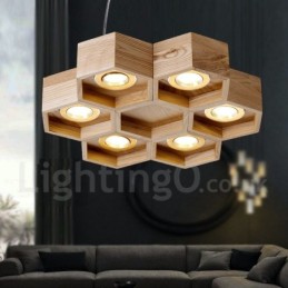 Suspension contemporaine moderne en bois à 6 lumières