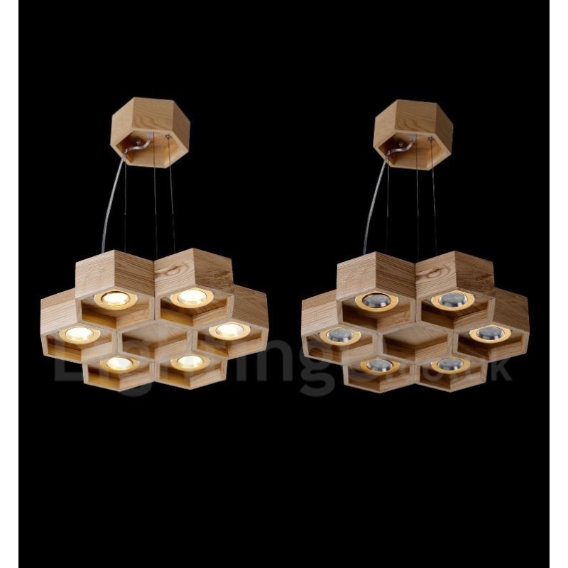 Suspension contemporaine moderne en bois à 6 lumières