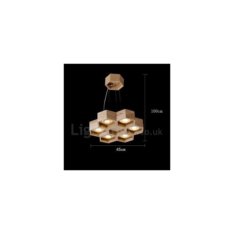 Suspension contemporaine moderne en bois à 6 lumières