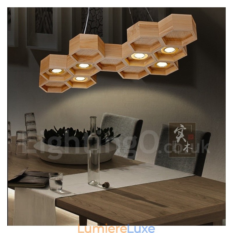 Suspension contemporaine moderne en bois à 6 lumières