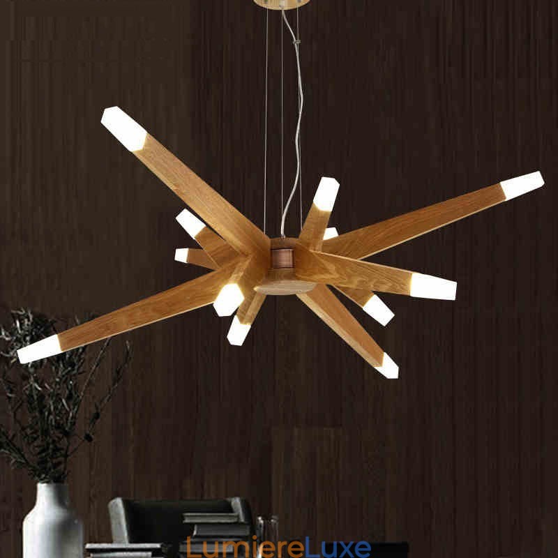 Suspension moderne contemporaine en bois à 12 lumières