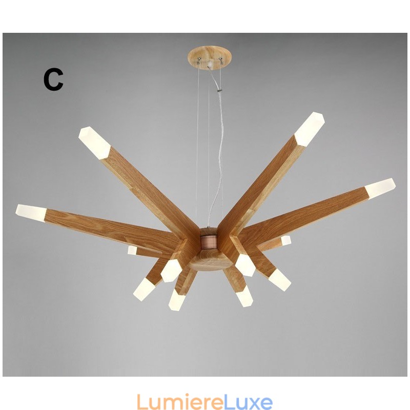 Suspension moderne contemporaine en bois à 12 lumières