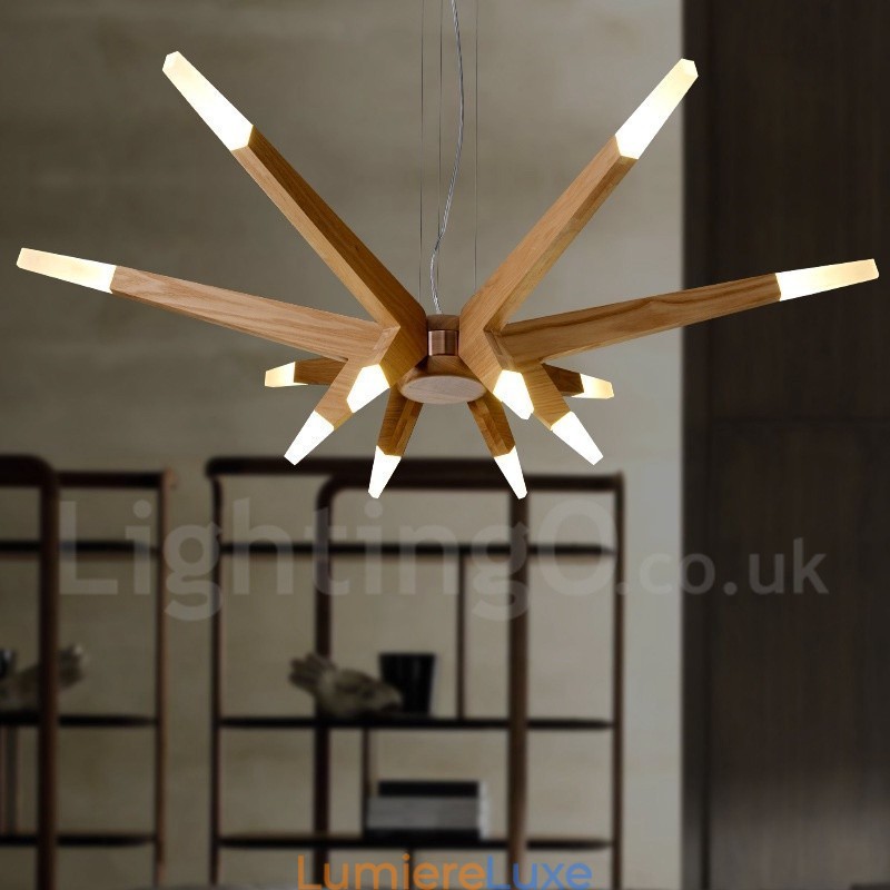 Suspension moderne contemporaine en bois à 12 lumières