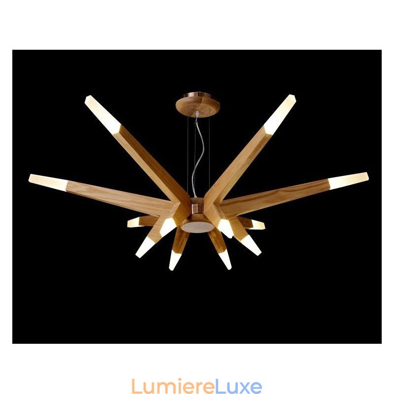 Suspension moderne contemporaine en bois à 12 lumières