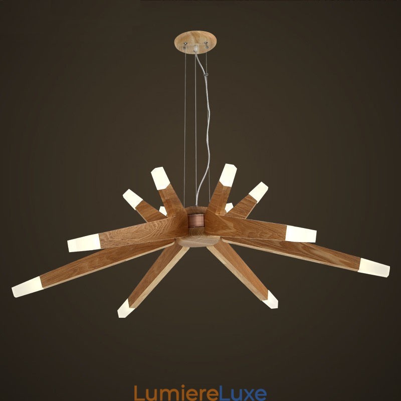 Suspension moderne contemporaine en bois à 12 lumières