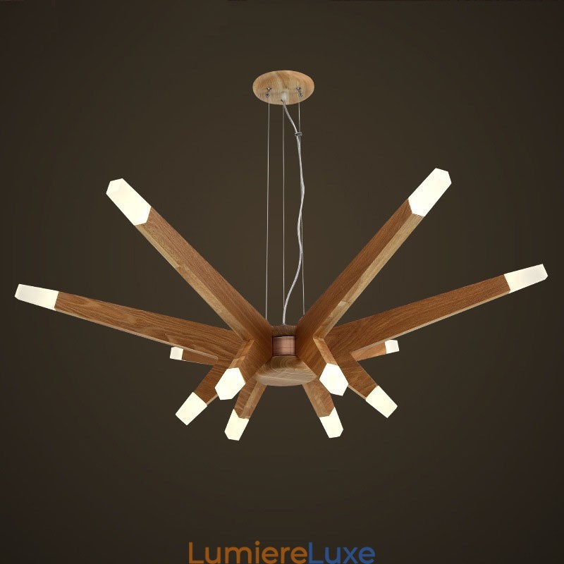 Suspension moderne contemporaine en bois à 12 lumières