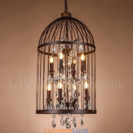 Suspension cage à oiseaux rétro vintage en métal à 8 lumières Suspension cage à oiseaux rétro vintage en métal à 8 lumières