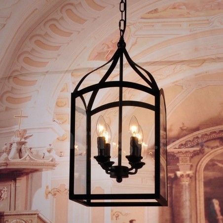 Suspension rustique en métal noir à 4 lampes avec abat-jour en verre Suspension rustique en métal noir à 4 lampes avec abat-jour en verre