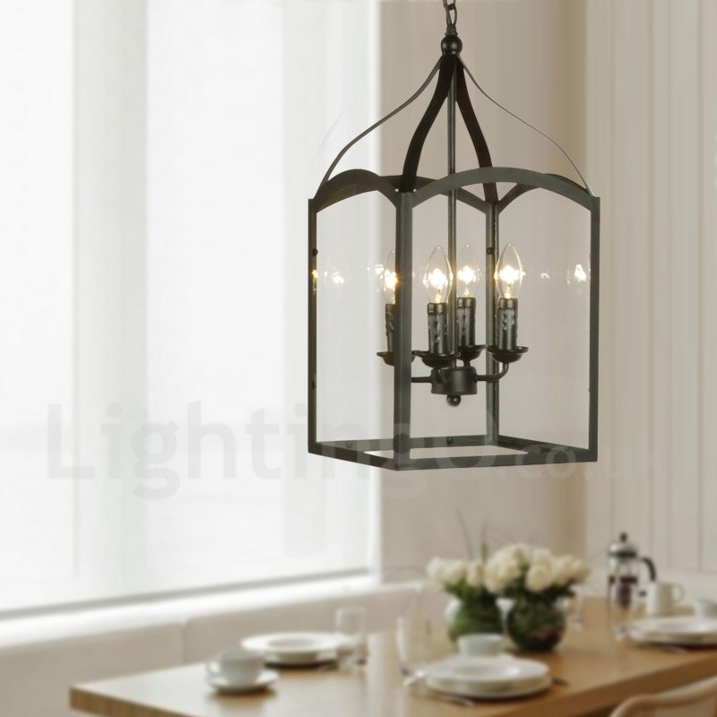 Suspension rustique en métal noir à 4 lampes avec abat-jour en verre