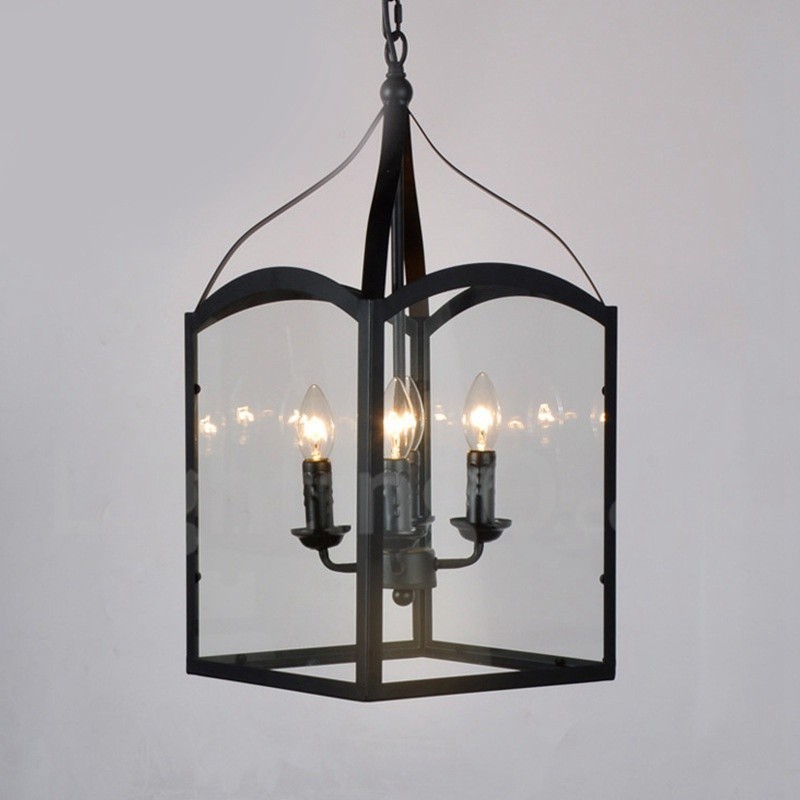 Suspension rustique en métal noir à 4 lampes avec abat-jour en verre