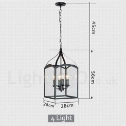 Suspension rustique en métal noir à 4 lampes avec abat-jour en verre