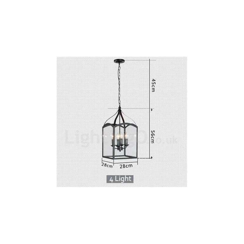 Suspension rustique en métal noir à 4 lampes avec abat-jour en verre