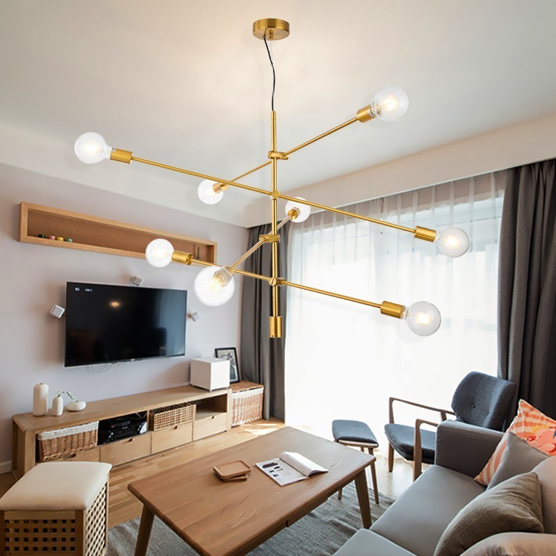 Lustre en cuivre à 6 lumières avec abat-jour en verre