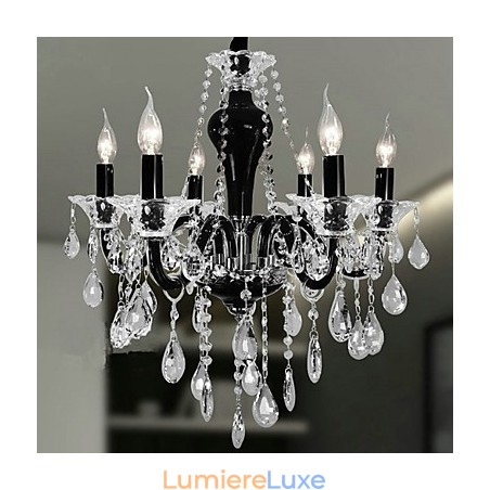 Lustre en cristal à 6 lumières avec accents noirs Lustre en cristal à 6 lumières avec accents noirs