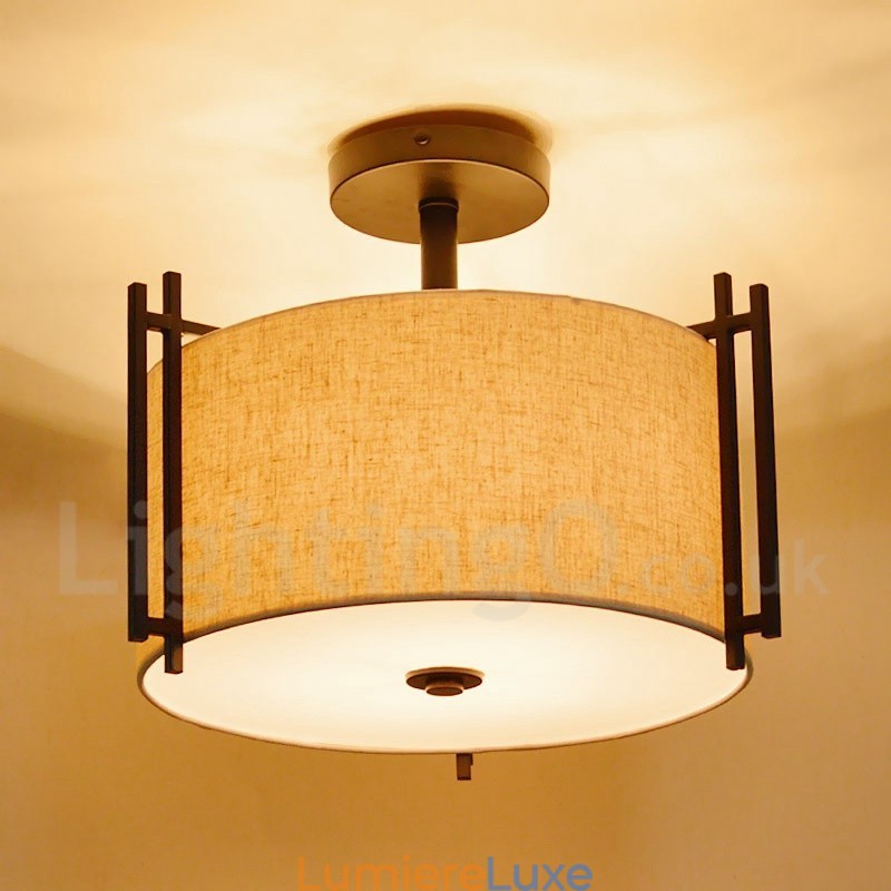 Suspension tambour en métal rustique Lodge avec abat-jour en tissu