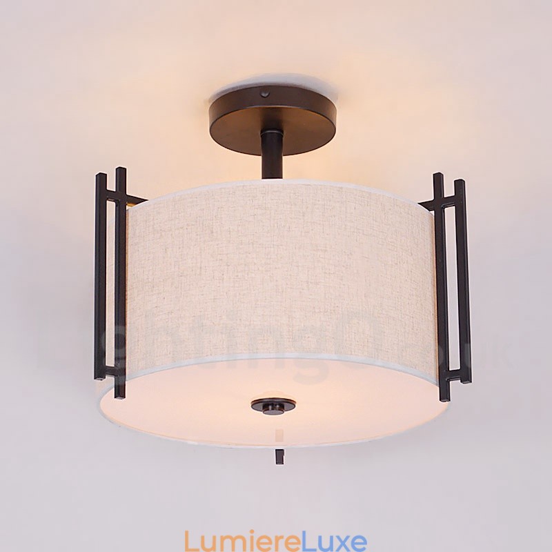 Suspension tambour en métal rustique Lodge avec abat-jour en tissu