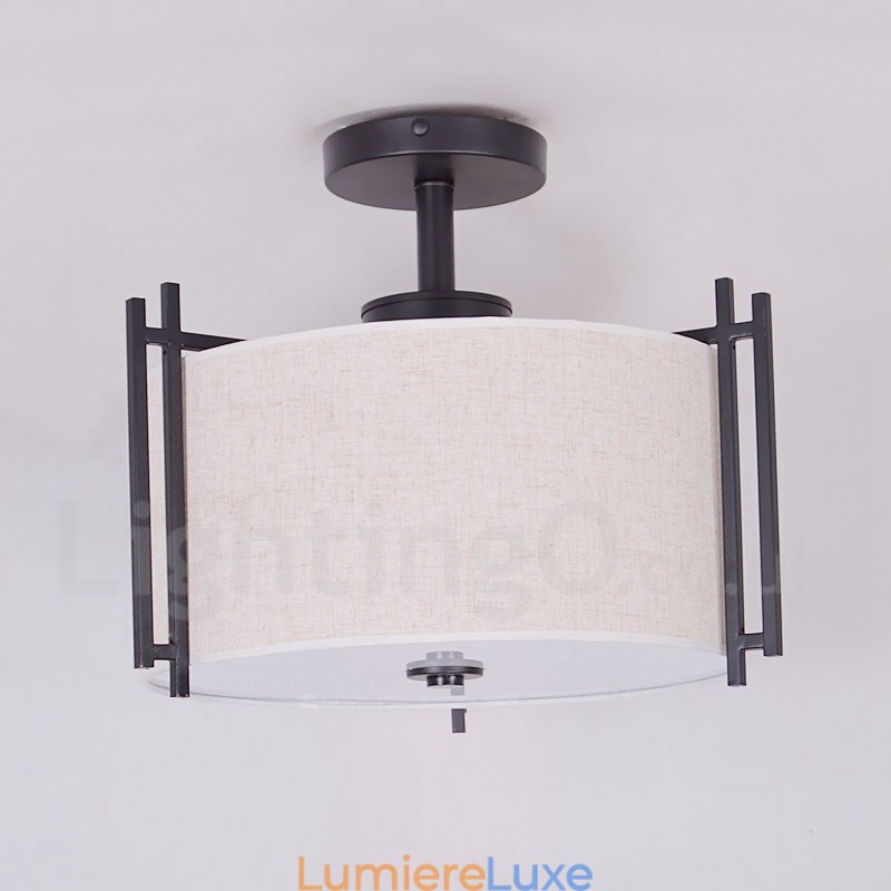 Suspension tambour en métal rustique Lodge avec abat-jour en tissu